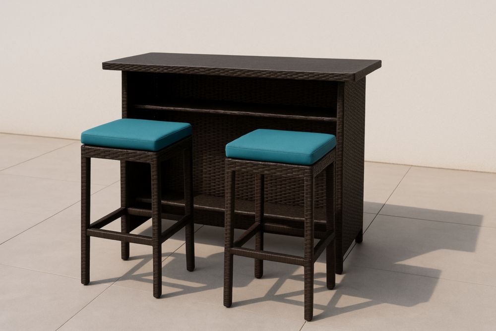 Ensemble de bar d'extérieur en résine avec coussins turquoise