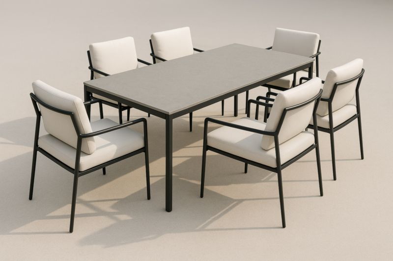 Pour jardin ensemble de table et 6 chaises en aluminium avec coussins beige