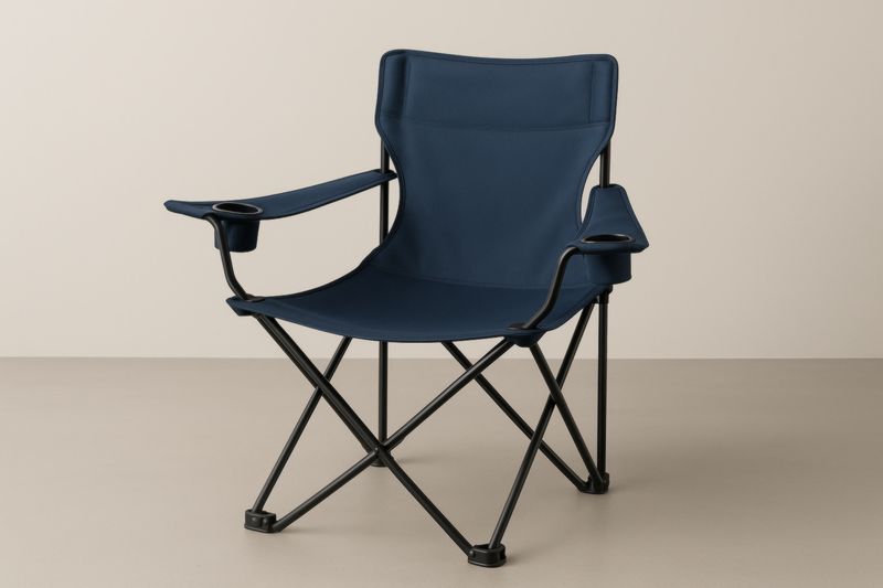 Chaise pliante en acier et tissu polyester bleu avec porte-gobelets