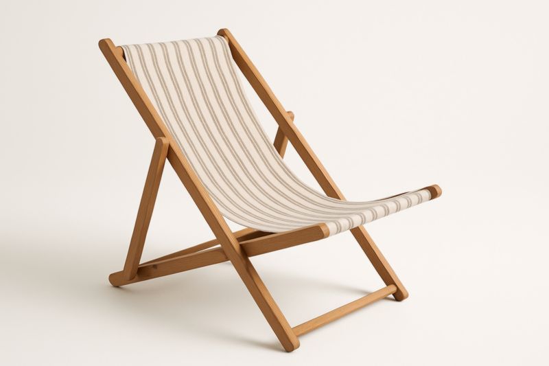 Chaise longue pliante bois massif tissu polyester rayé beige extérieur