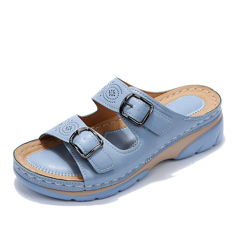 🔥 Last Day: 50% OFF 🔥 Orthopedic Genuine Leather Platform Slides — Double-Buckle Cutout Design