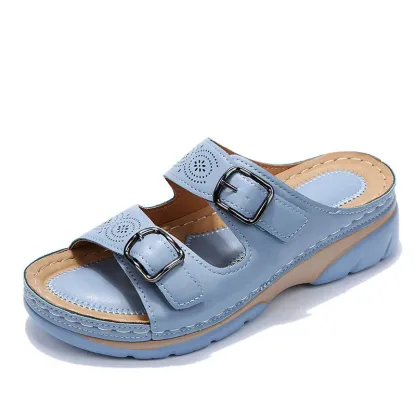 🔥 Last Day: 50% OFF 🔥 Orthopedic Genuine Leather Platform Slides — Double-Buckle Cutout Design