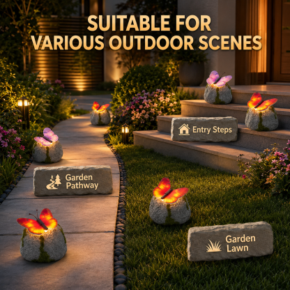 🦋 Solar Butterfly Stone Garden Light, Waterproof LED Glowing Landscape Rock Lamp, Auto On/Off Outdoor Resin Decor for Yard, Lawn, Pathway, Patio & Porch, Perfect Garden Gift