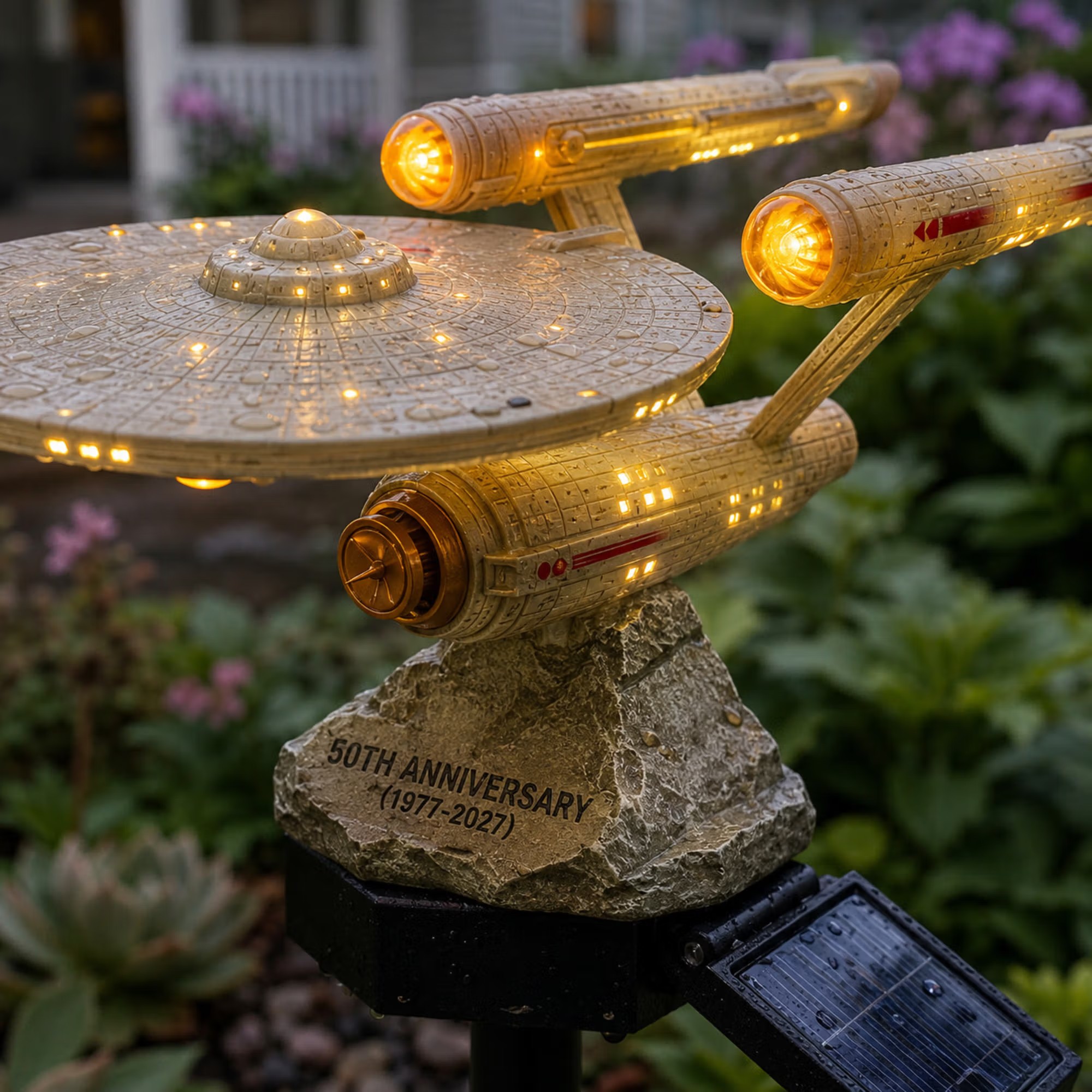 60th Anniversary Solar Garden Stake Light, Sci-Fi Spaceship Inspired Outdoor LED Yard Decor, Collectible Solar Pathway Lamp, Gift for Fans