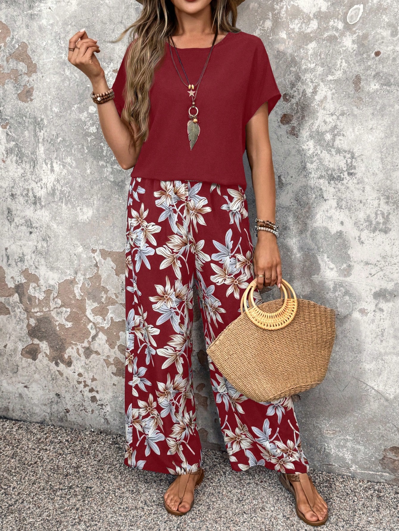 Faunlyn Women Solid Color Round Neck Short Sleeve Top And Flower Print Wide Leg Pants Set For Summer Two Pieces Outfits