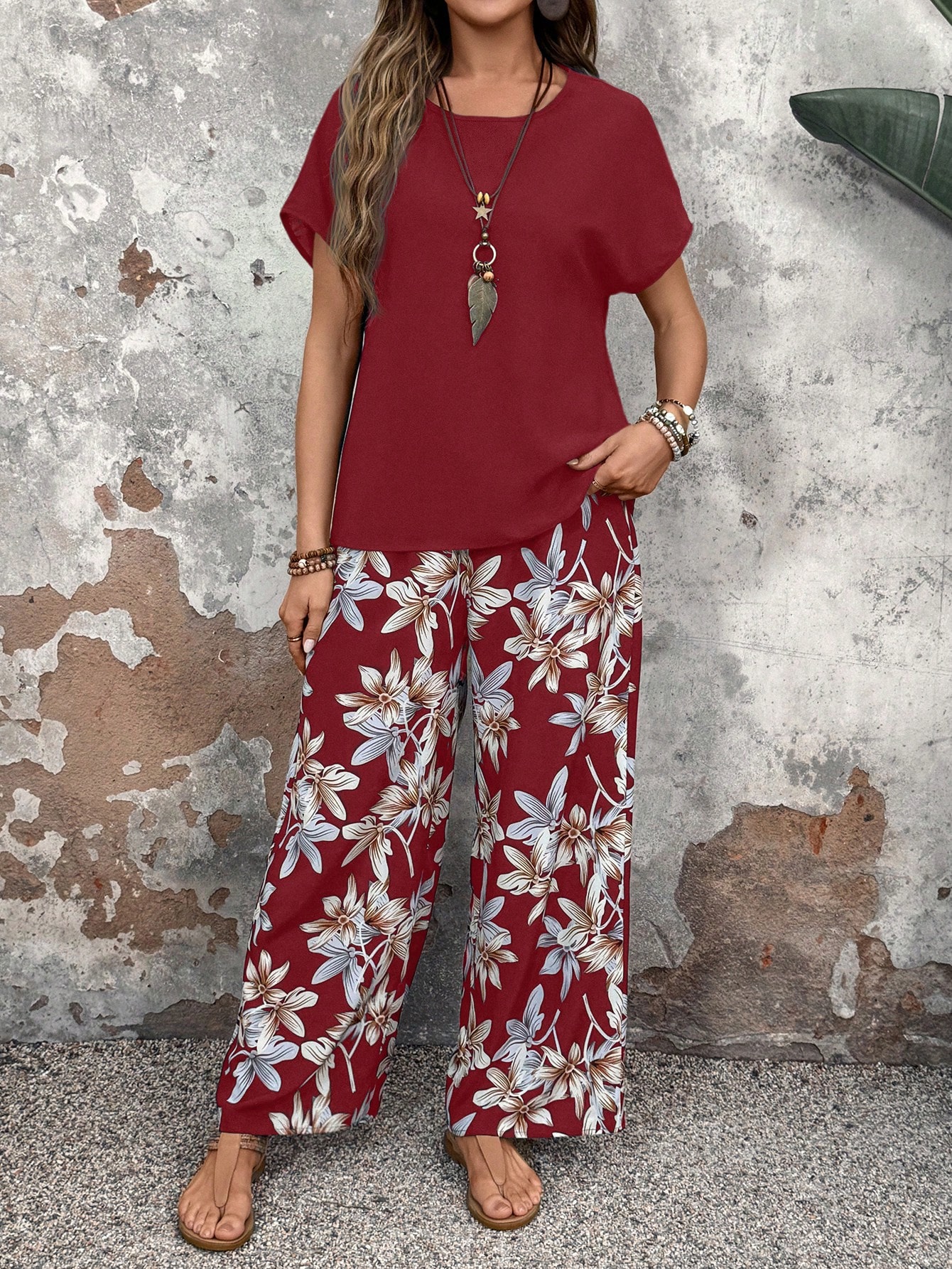 Faunlyn Women Solid Color Round Neck Short Sleeve Top And Flower Print Wide Leg Pants Set For Summer Two Pieces Outfits