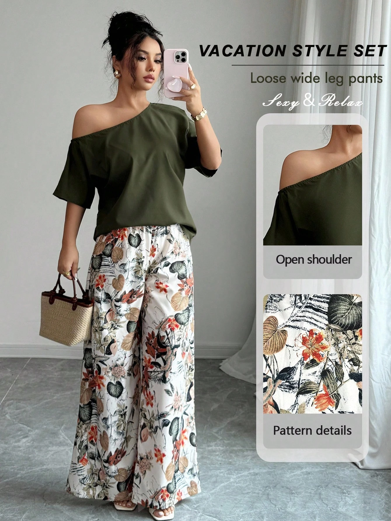 Women Summer Casual Solid Color Asymmetrical Shoulder Top And Floral Print Pants Set