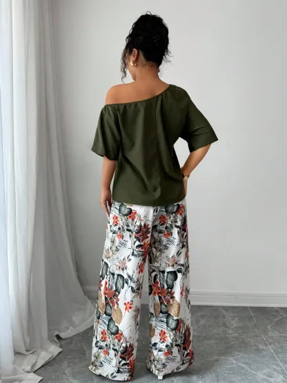 Women Summer Casual Solid Color Asymmetrical Shoulder Top And Floral Print Pants Set