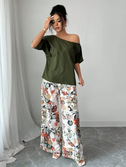 Women Summer Casual Solid Color Asymmetrical Shoulder Top And Floral Print Pants Set