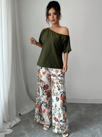 Women Summer Casual Solid Color Asymmetrical Shoulder Top And Floral Print Pants Set