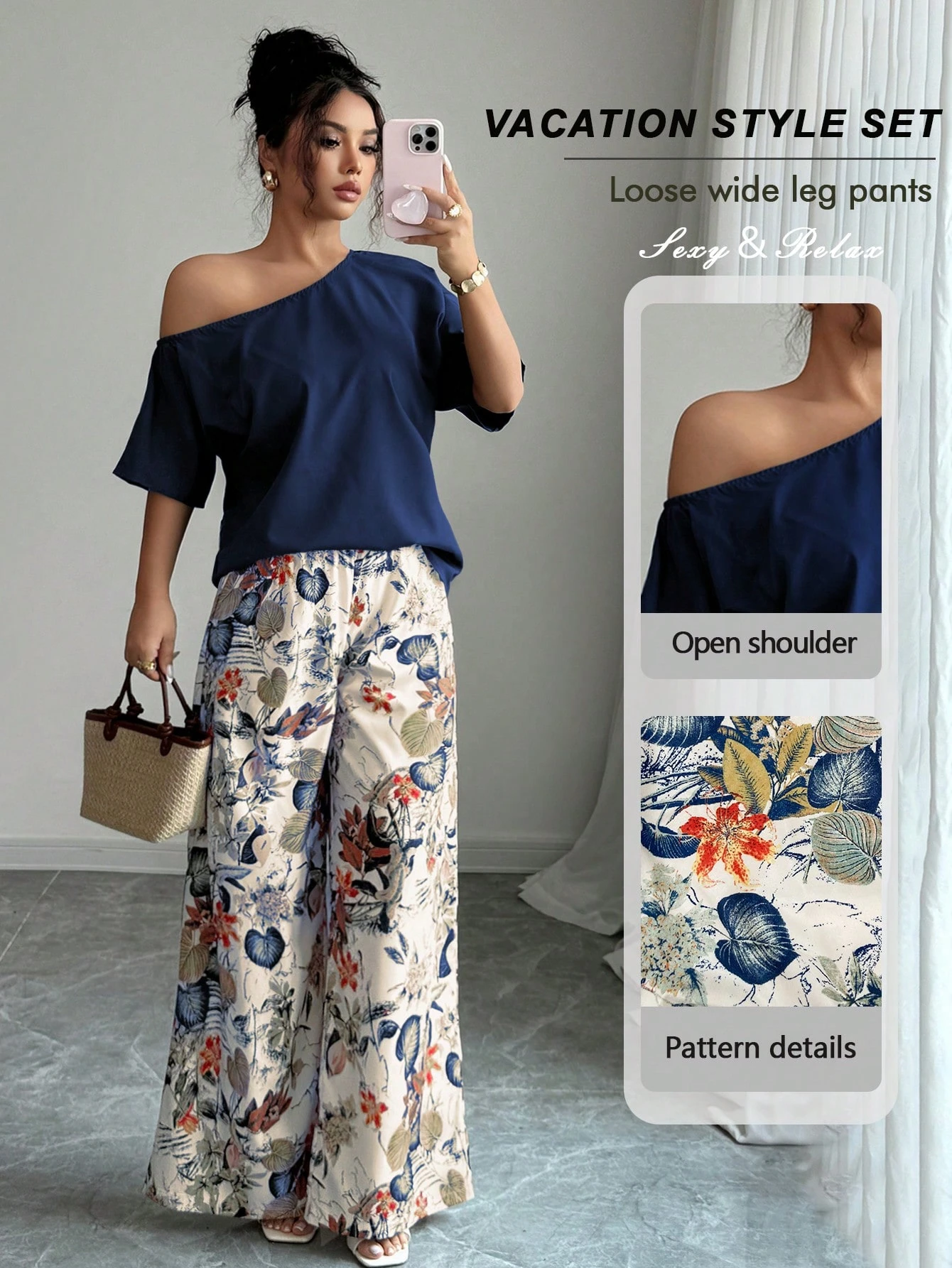 Women Summer Casual Solid Color Asymmetrical Shoulder Top And Floral Print Pants Set