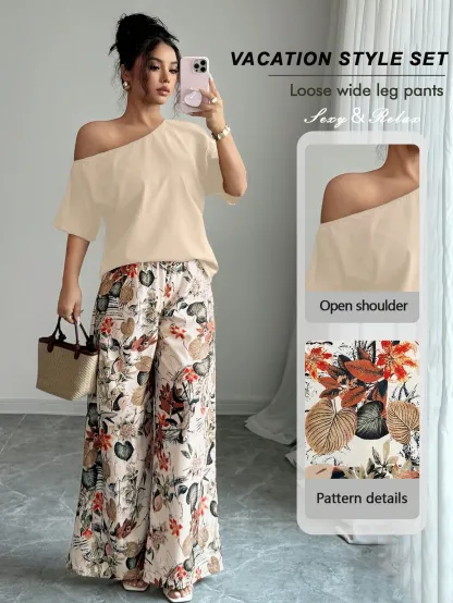 Women Summer Casual Solid Color Asymmetrical Shoulder Top And Floral Print Pants Set
