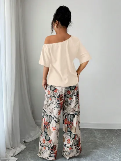 Women Summer Casual Solid Color Asymmetrical Shoulder Top And Floral Print Pants Set
