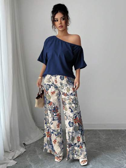 Women Summer Casual Solid Color Asymmetrical Shoulder Top And Floral Print Pants Set