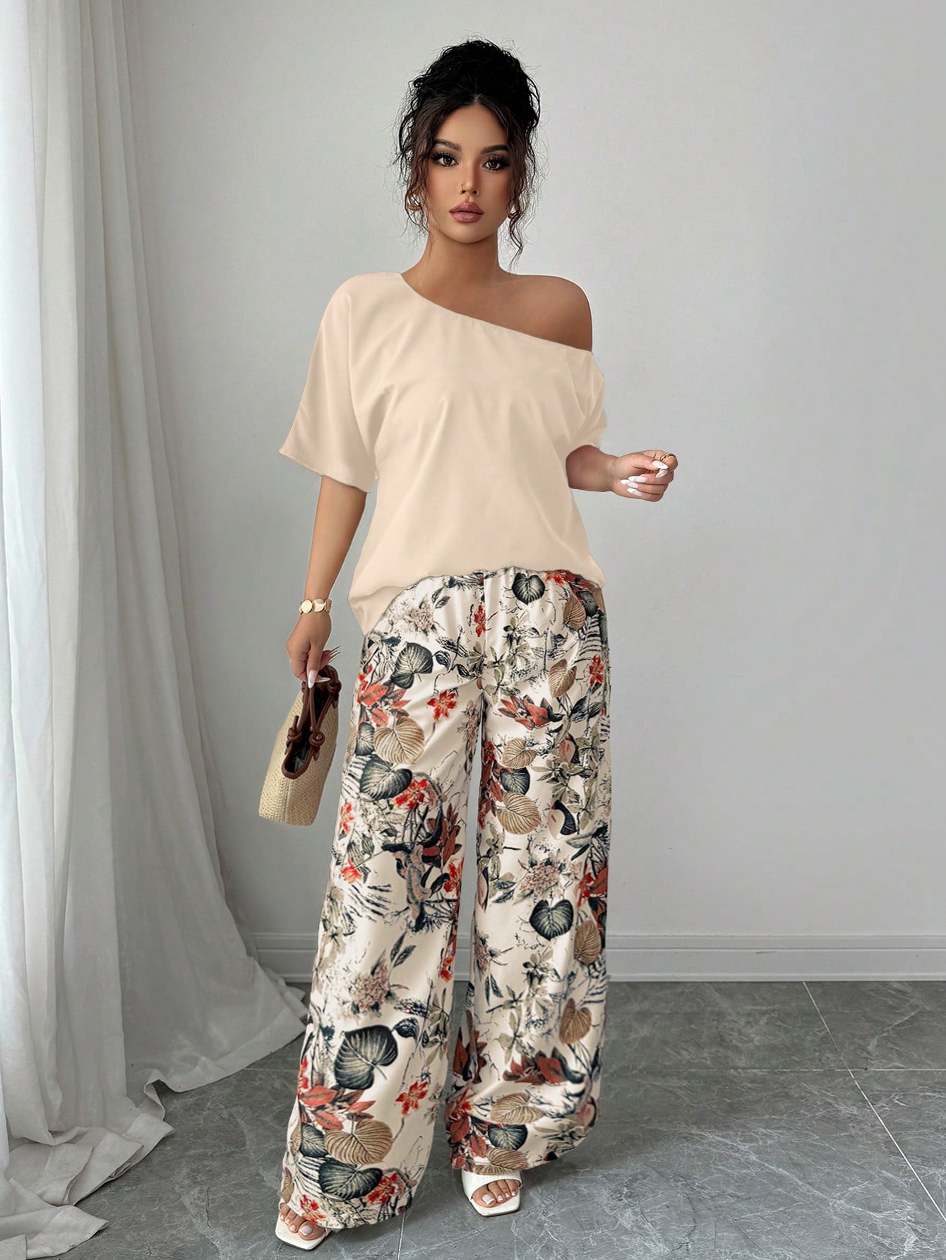 Women Summer Casual Solid Color Asymmetrical Shoulder Top And Floral Print Pants Set