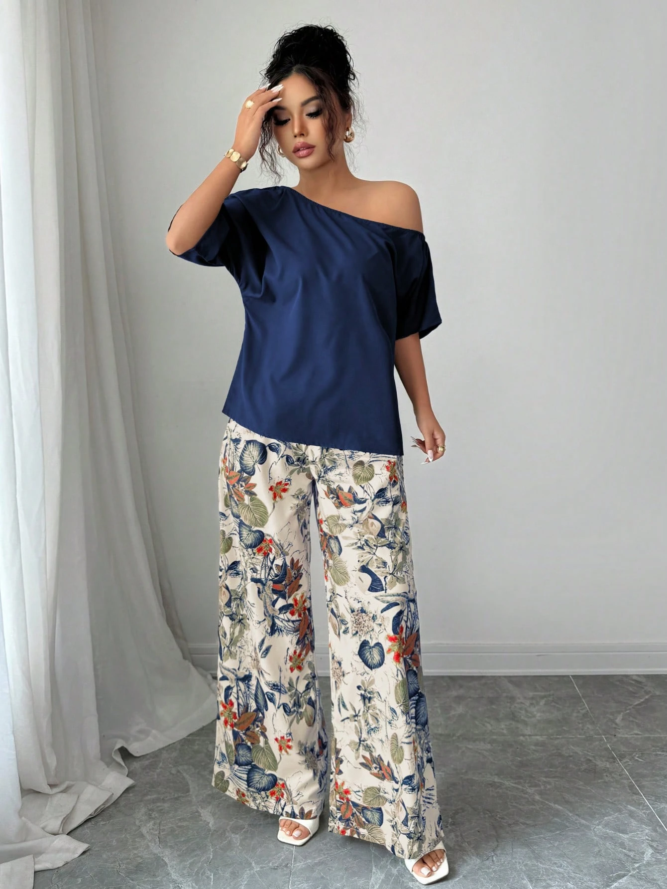 Women Summer Casual Solid Color Asymmetrical Shoulder Top And Floral Print Pants Set