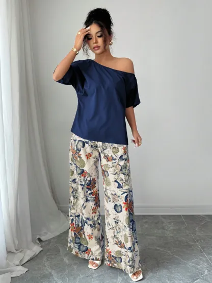 Women Summer Casual Solid Color Asymmetrical Shoulder Top And Floral Print Pants Set