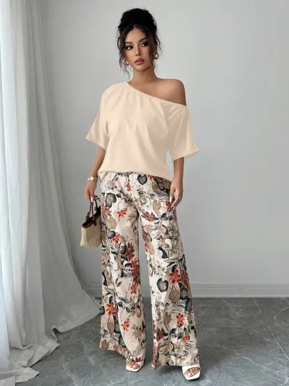 Women Summer Casual Solid Color Asymmetrical Shoulder Top And Floral Print Pants Set
