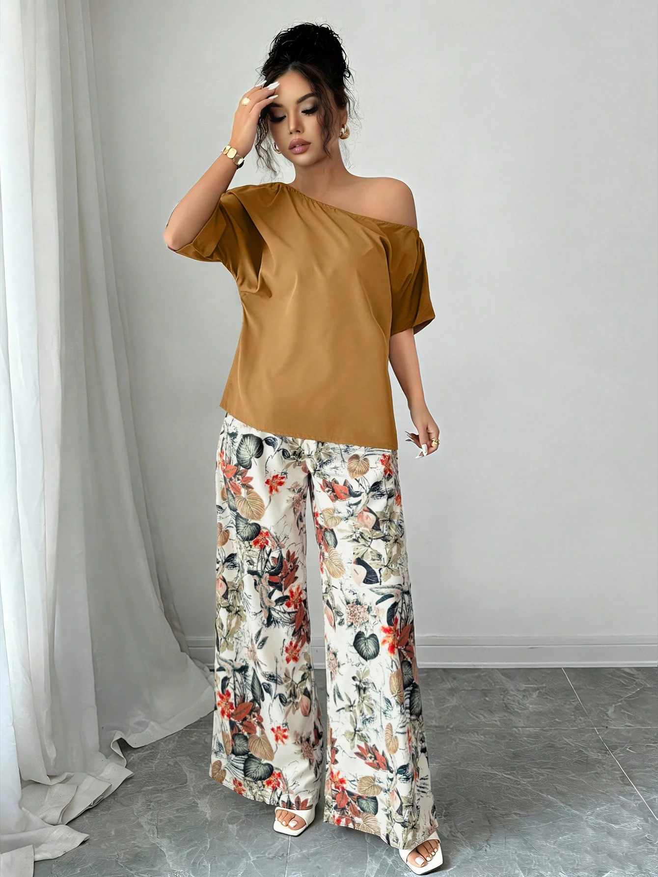 Women Summer Casual Solid Color Asymmetrical Shoulder Top And Floral Print Pants Set