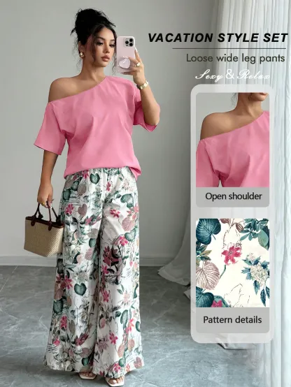 Women Summer Casual Solid Color Asymmetrical Shoulder Top And Floral Print Pants Set