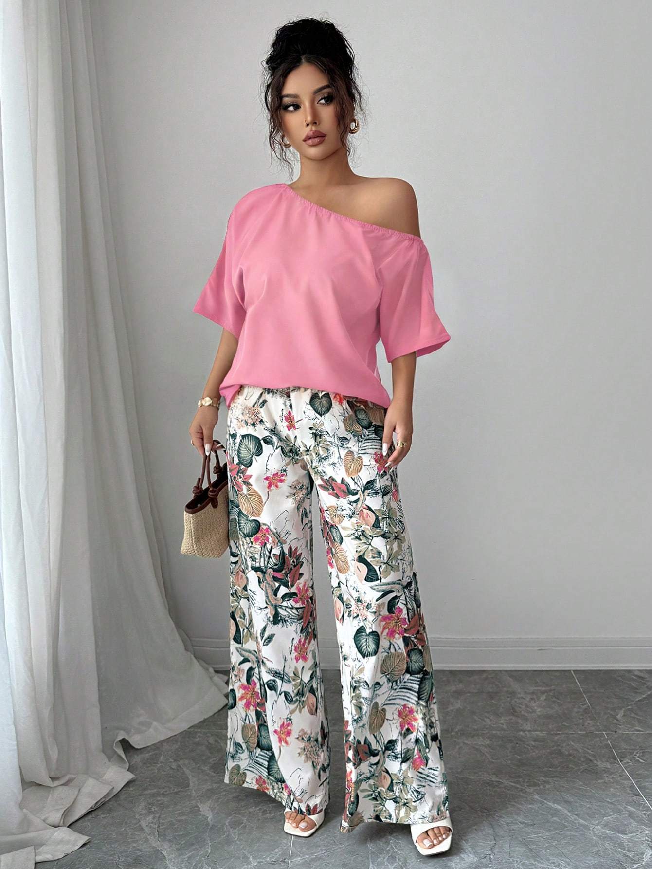Women Summer Casual Solid Color Asymmetrical Shoulder Top And Floral Print Pants Set
