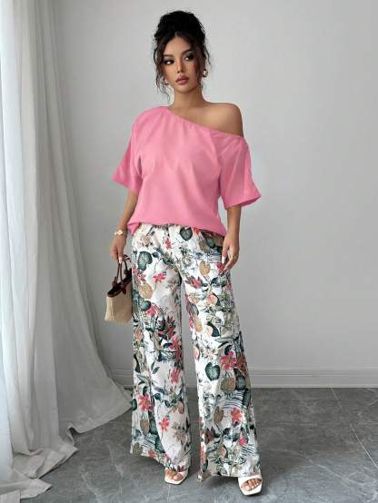 Women Summer Casual Solid Color Asymmetrical Shoulder Top And Floral Print Pants Set