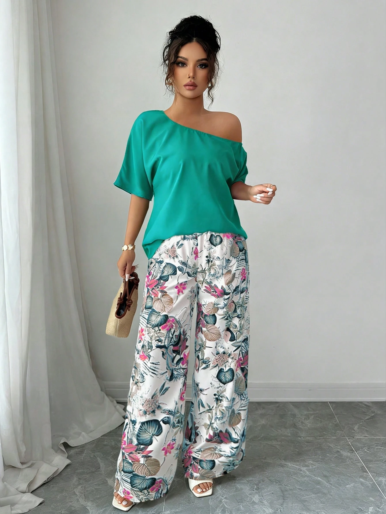 Women Summer Casual Solid Color Asymmetrical Shoulder Top And Floral Print Pants Set