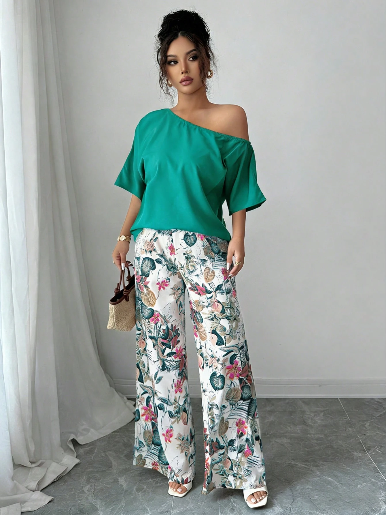 Women Summer Casual Solid Color Asymmetrical Shoulder Top And Floral Print Pants Set