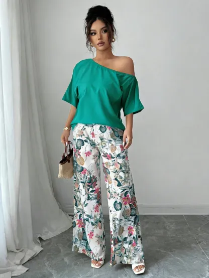 Women Summer Casual Solid Color Asymmetrical Shoulder Top And Floral Print Pants Set