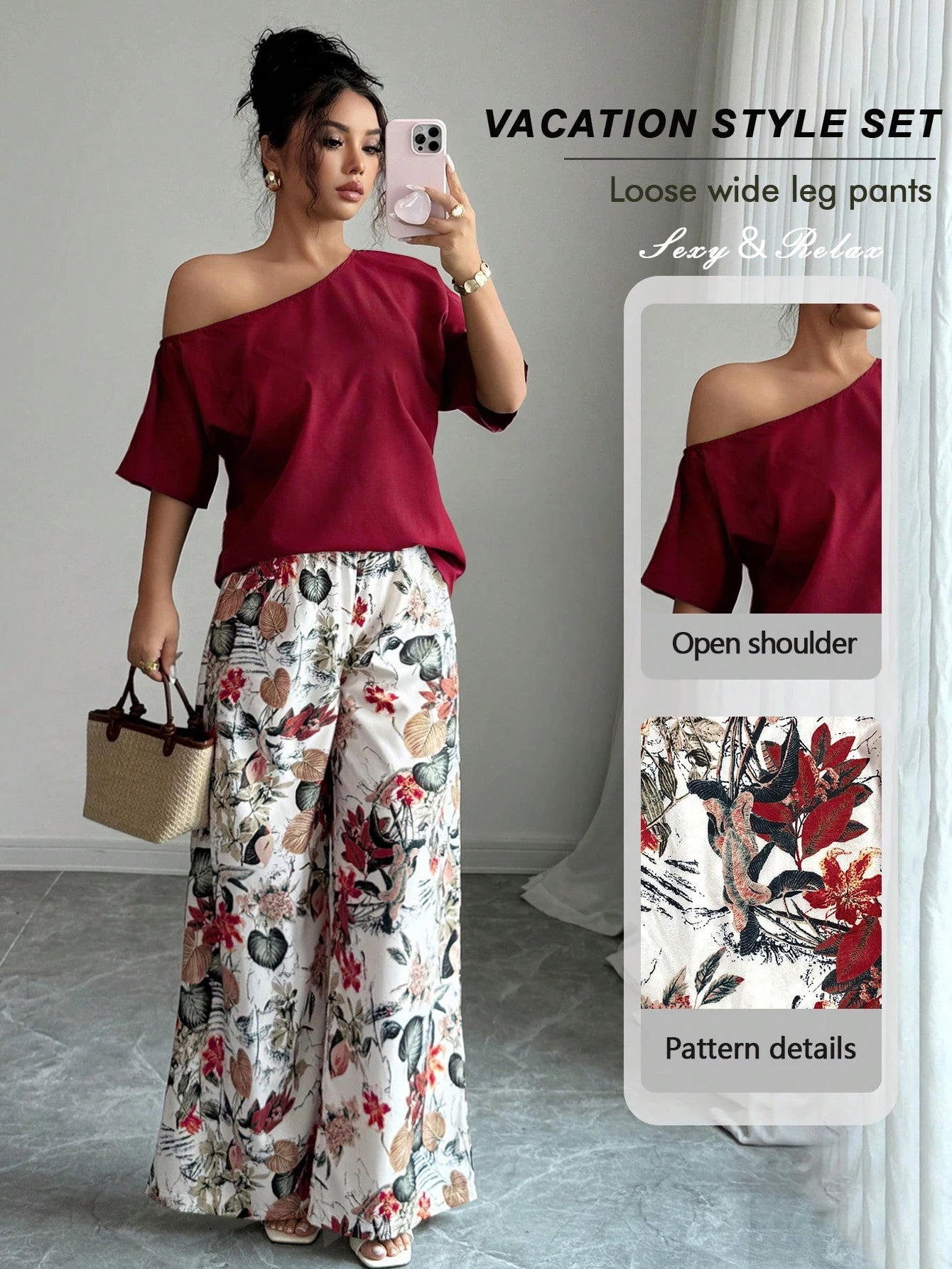 Women Summer Casual Solid Color Asymmetrical Shoulder Top And Floral Print Pants Set