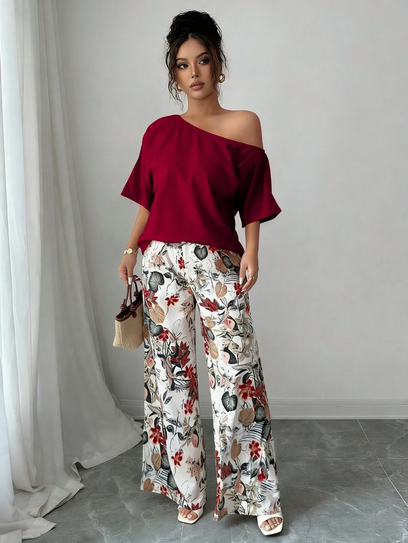 Women Summer Casual Solid Color Asymmetrical Shoulder Top And Floral Print Pants Set