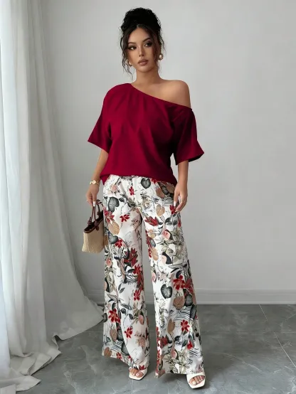 Women Summer Casual Solid Color Asymmetrical Shoulder Top And Floral Print Pants Set