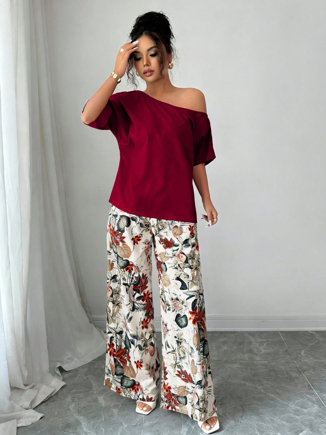 Women Summer Casual Solid Color Asymmetrical Shoulder Top And Floral Print Pants Set