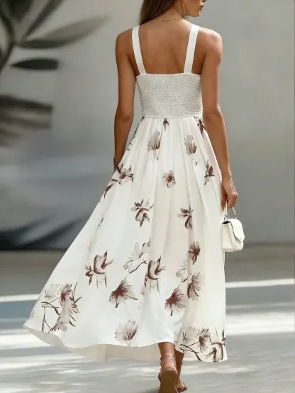 EMERY ROSE AB Patchwork V-Neck Sleeveless Waist Cinched Elegant Midi Dress, Suitable For Work & Vacation