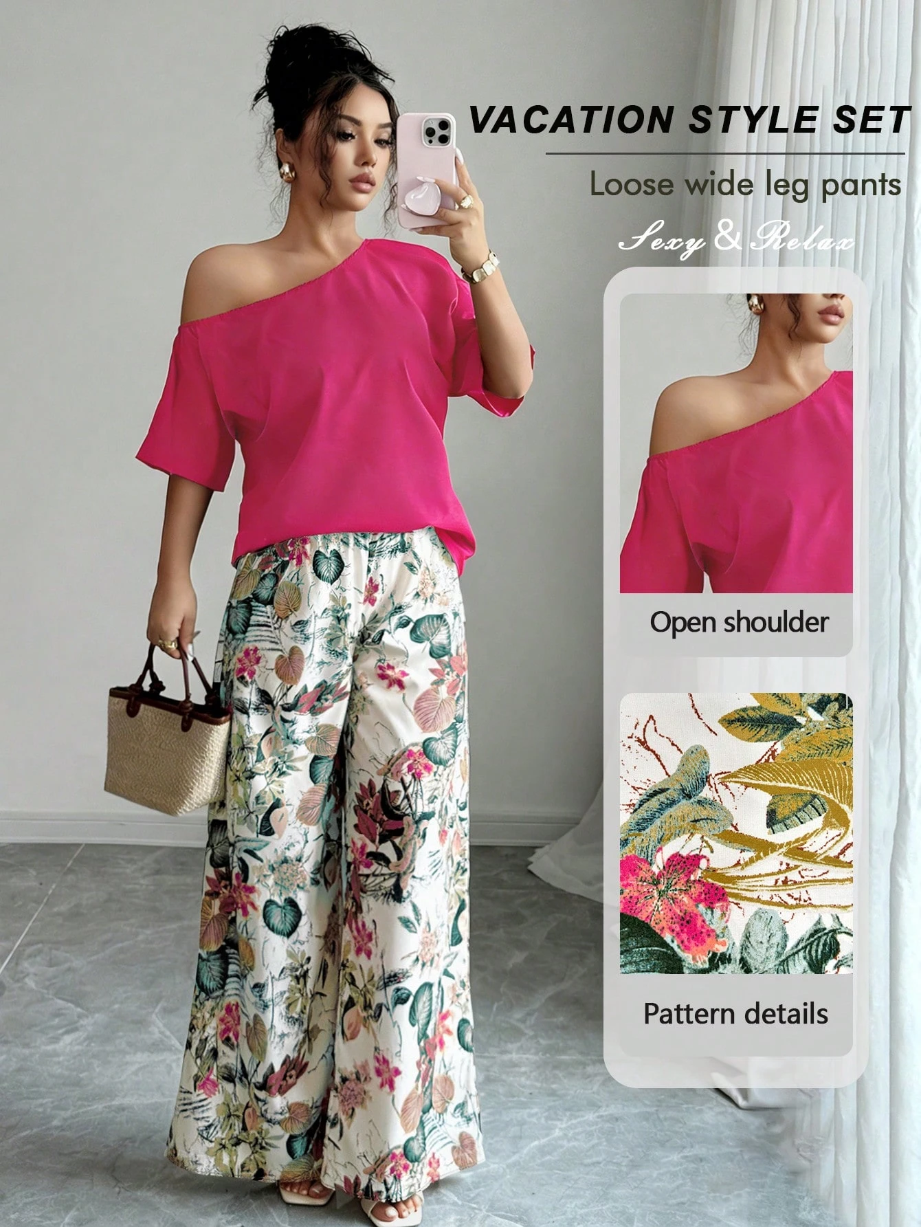Women Summer Casual Solid Color Asymmetrical Shoulder Top And Floral Print Pants Set