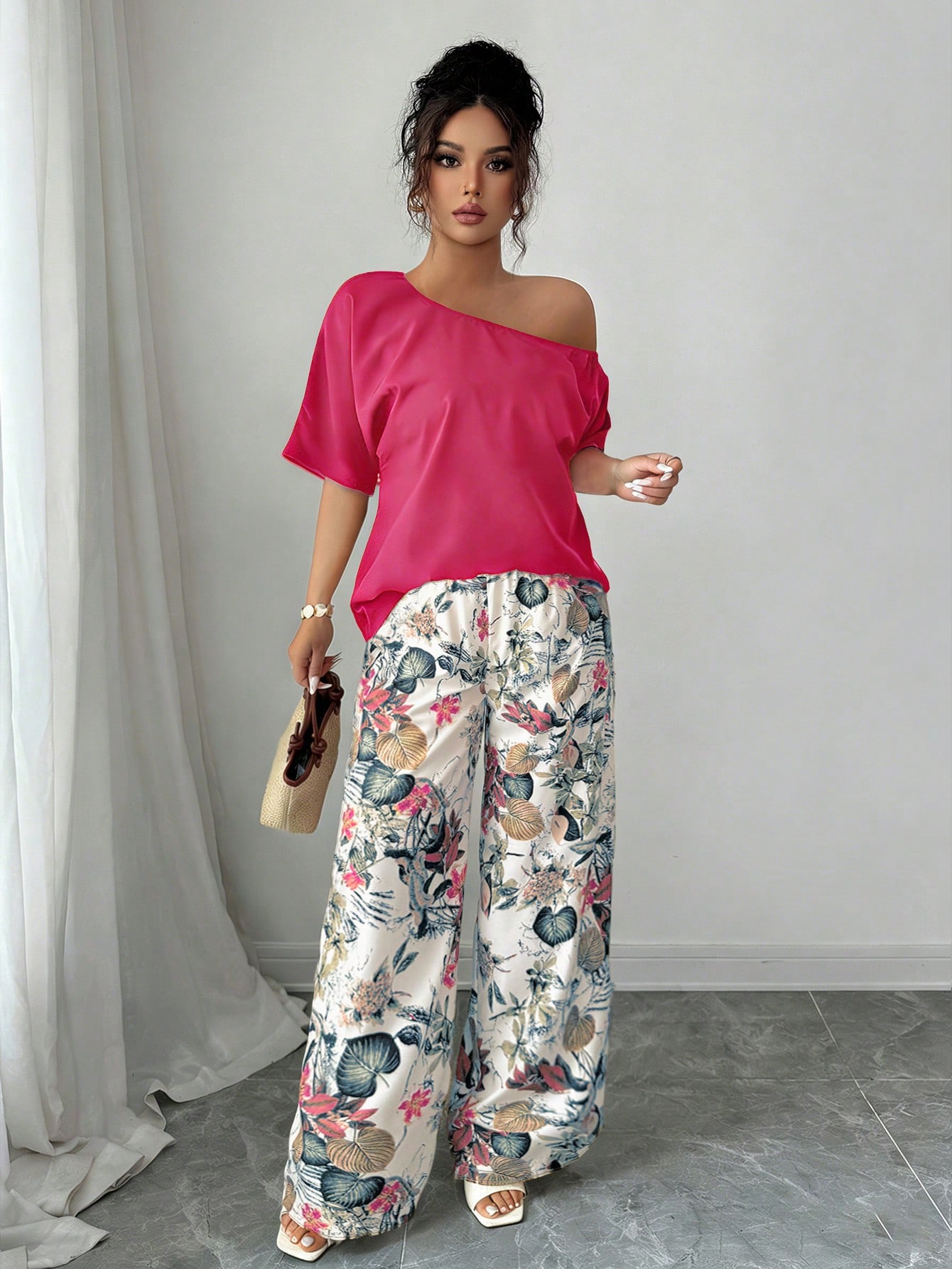 Women Summer Casual Solid Color Asymmetrical Shoulder Top And Floral Print Pants Set