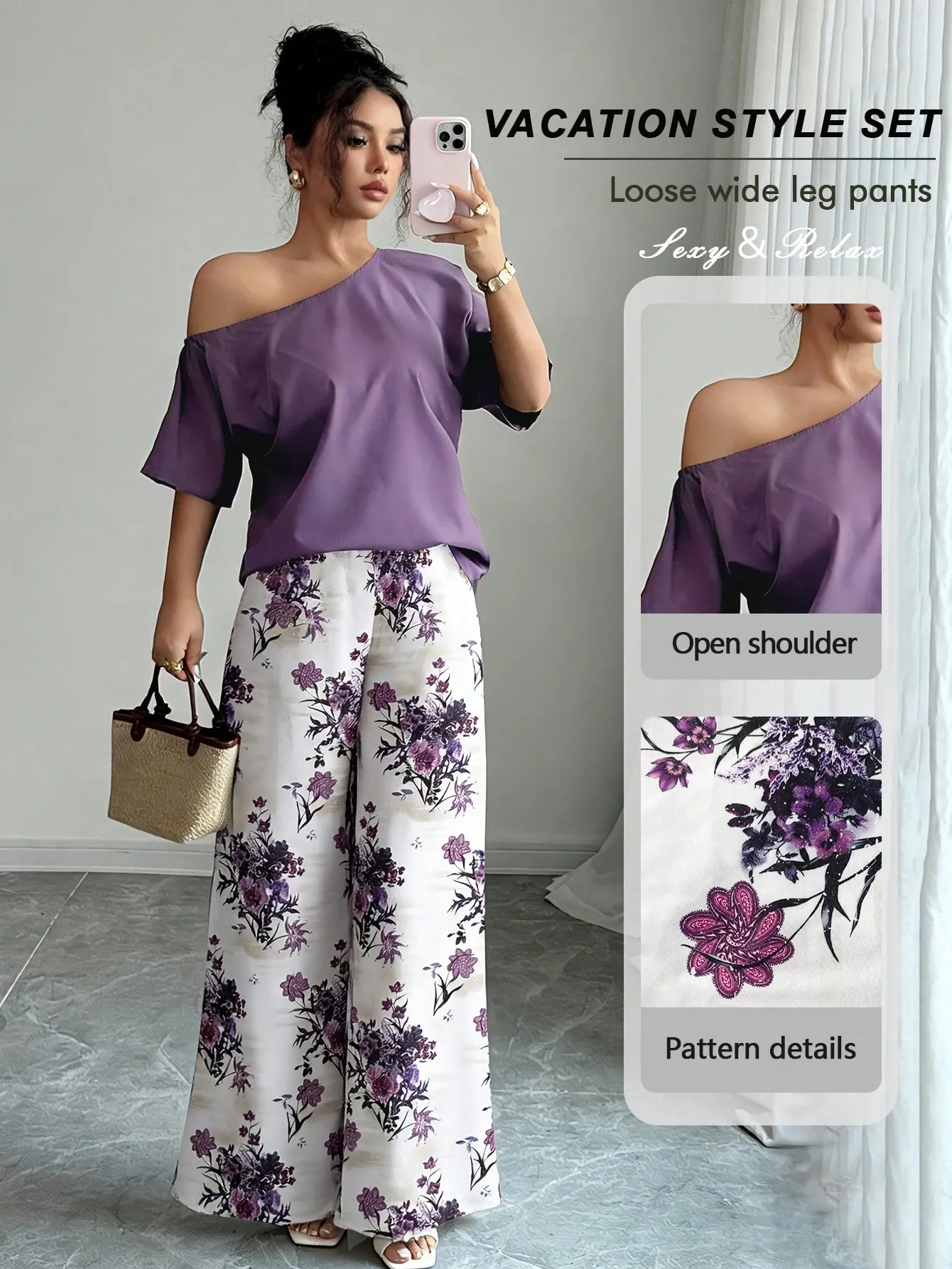 Women Summer Casual Solid Color Asymmetrical Shoulder Top And Floral Print Pants Set