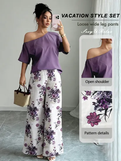 Women Summer Casual Solid Color Asymmetrical Shoulder Top And Floral Print Pants Set