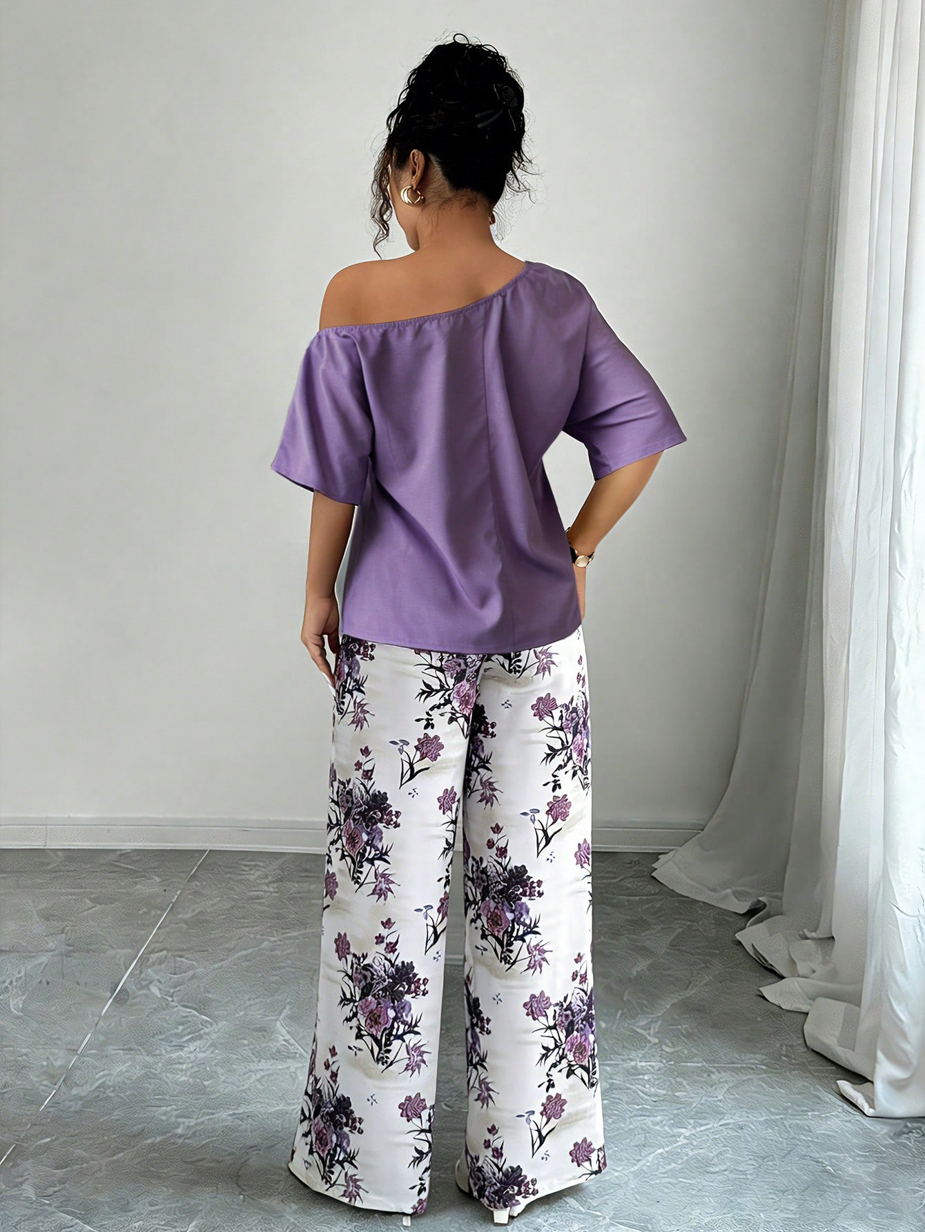 Women Summer Casual Solid Color Asymmetrical Shoulder Top And Floral Print Pants Set