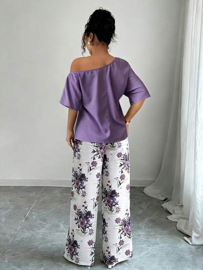 Women Summer Casual Solid Color Asymmetrical Shoulder Top And Floral Print Pants Set