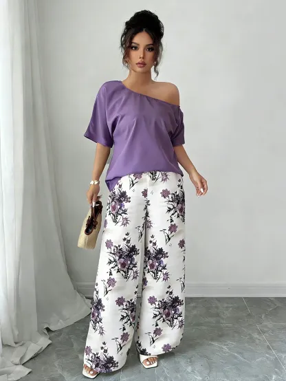 Women Summer Casual Solid Color Asymmetrical Shoulder Top And Floral Print Pants Set