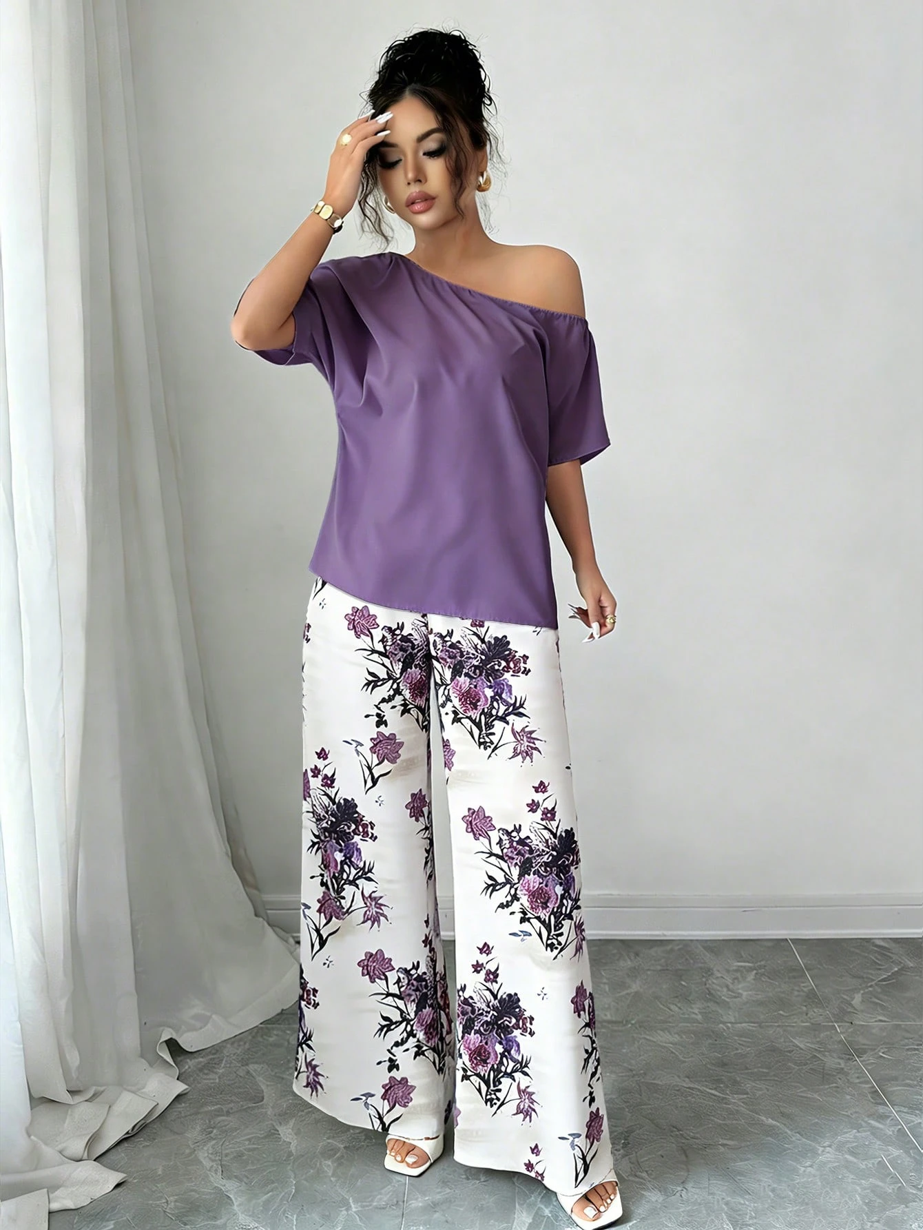 Women Summer Casual Solid Color Asymmetrical Shoulder Top And Floral Print Pants Set