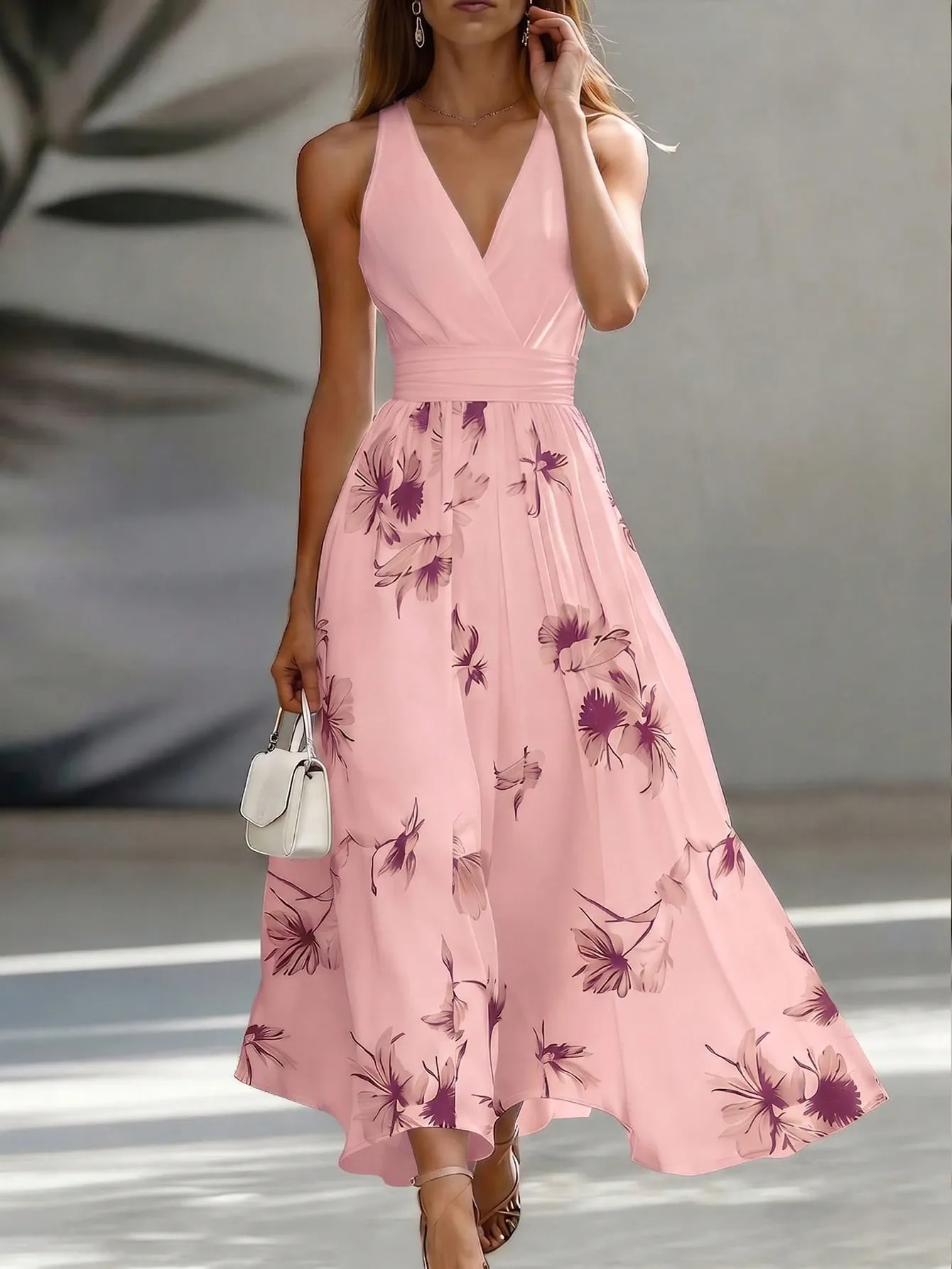 EMERY ROSE AB Patchwork V-Neck Sleeveless Waist Cinched Elegant Midi Dress, Suitable For Work & Vacation