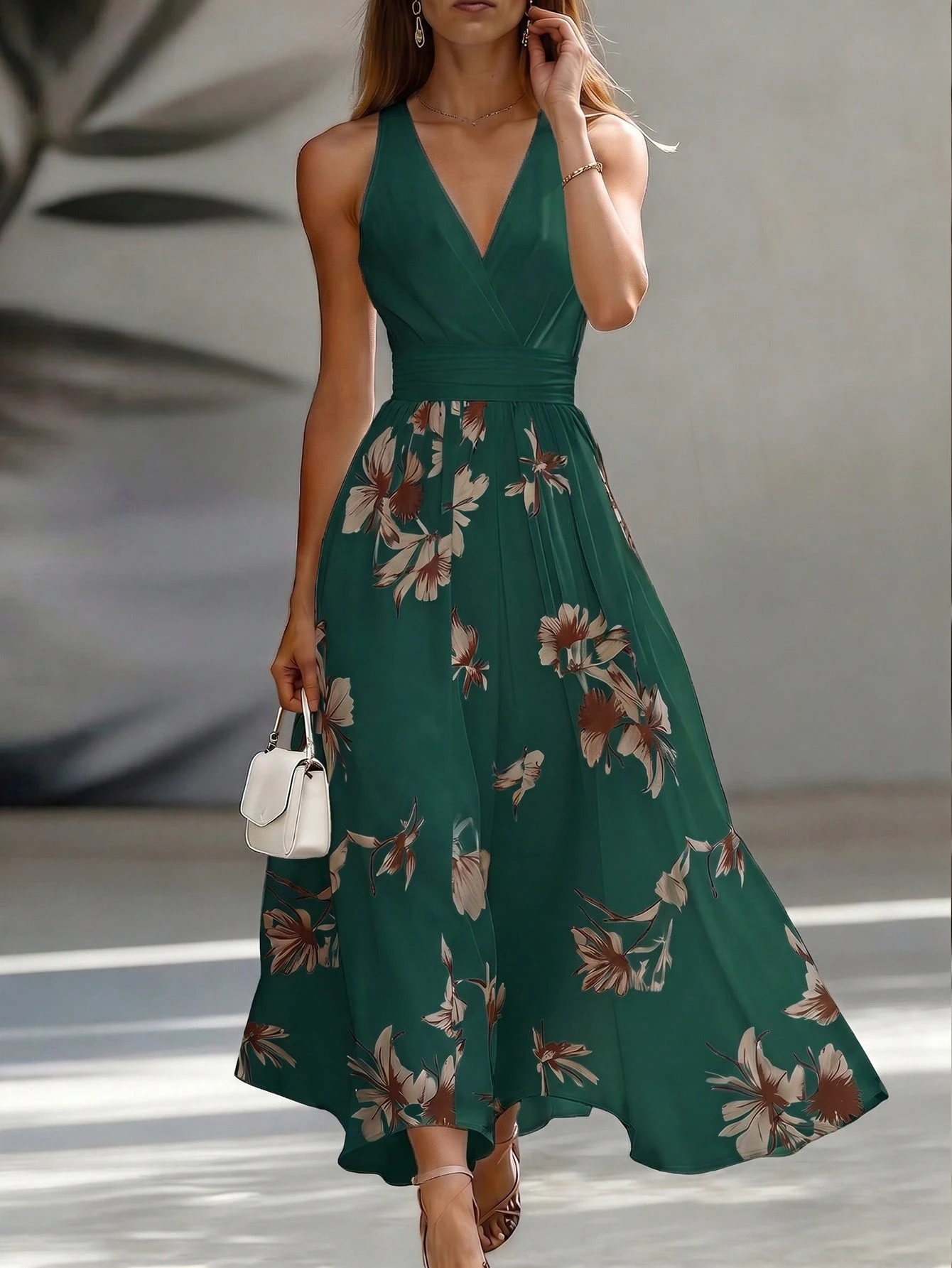 EMERY ROSE AB Patchwork V-Neck Sleeveless Waist Cinched Elegant Midi Dress, Suitable For Work & Vacation