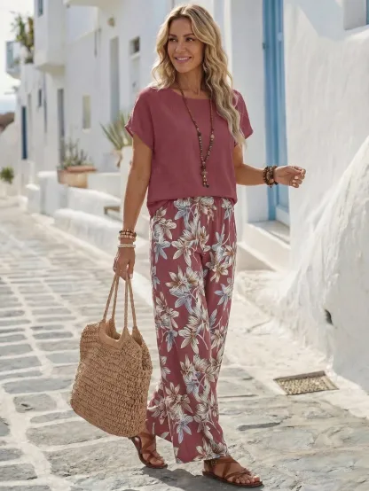 Faunlyn Women Solid Color Round Neck Short Sleeve Top And Flower Print Wide Leg Pants Set For Summer Two Pieces Outfits