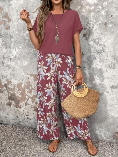 Faunlyn Women Solid Color Round Neck Short Sleeve Top And Flower Print Wide Leg Pants Set For Summer Two Pieces Outfits