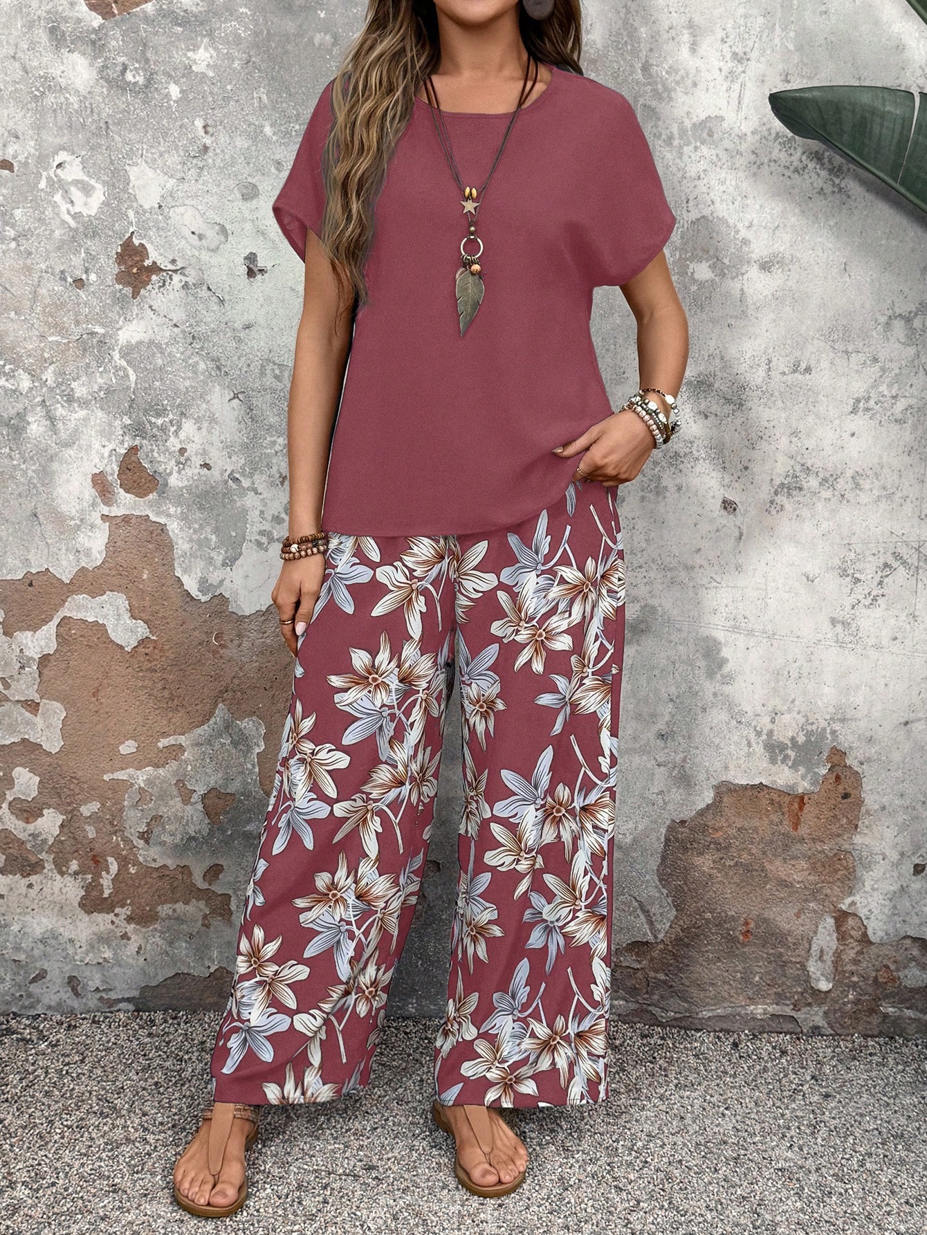 Faunlyn Women Solid Color Round Neck Short Sleeve Top And Flower Print Wide Leg Pants Set For Summer Two Pieces Outfits