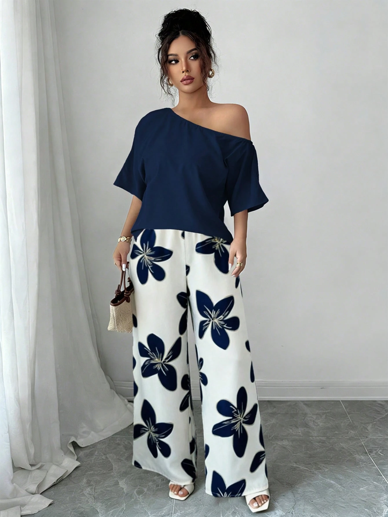 Women Summer Casual Solid Color Asymmetrical Shoulder Top And Floral Print Pants Set