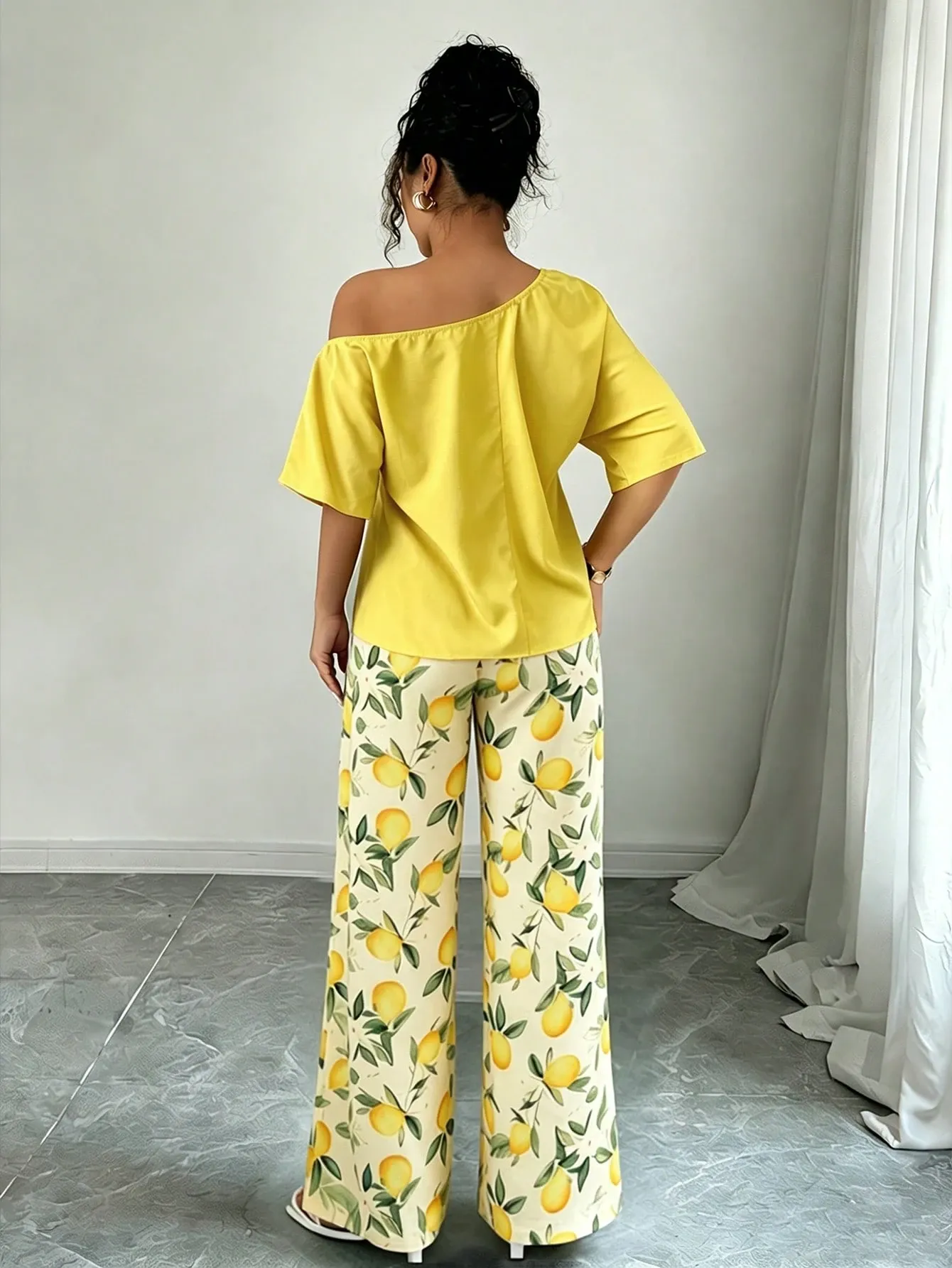 Women Summer Casual Solid Color Asymmetrical Shoulder Top And Floral Print Pants Set