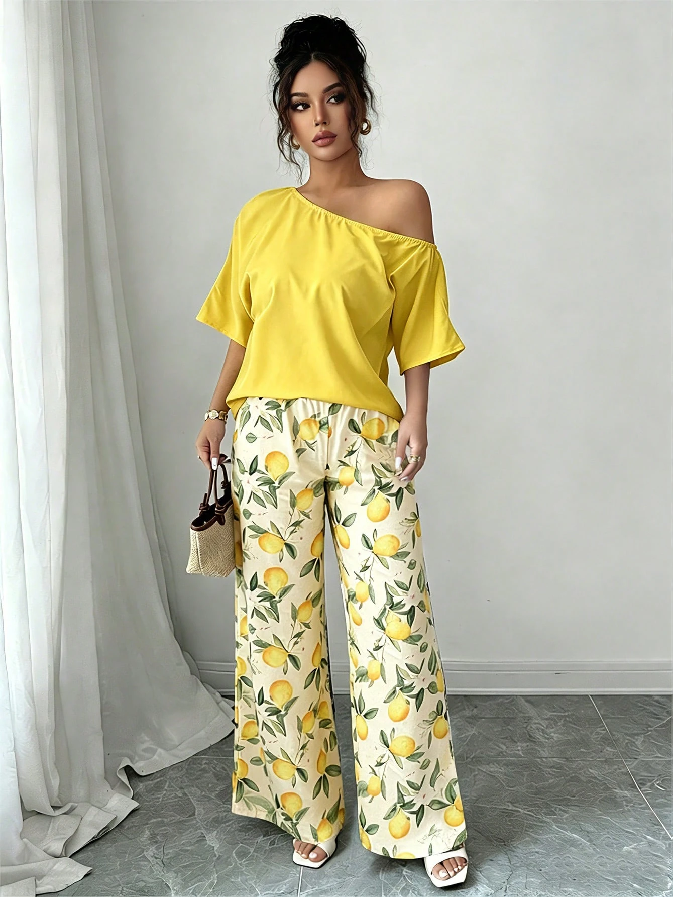 Women Summer Casual Solid Color Asymmetrical Shoulder Top And Floral Print Pants Set
